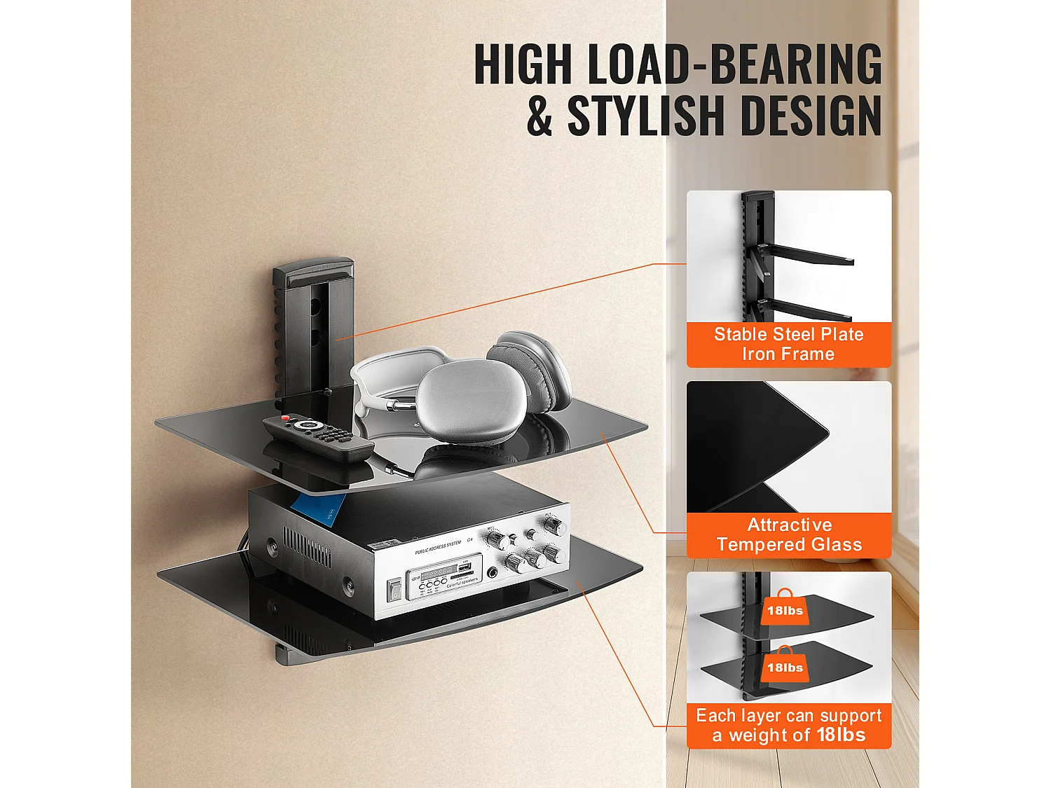 Étagères SucceBuy Flottantes en Verre à 2 Niveaux Supportant 8,2 kg Support Mural pour Téléviseur Noir