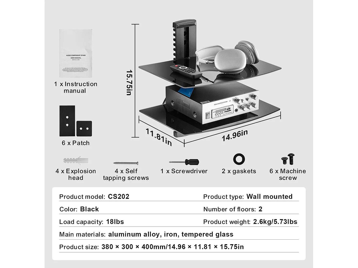 Étagères SucceBuy Flottantes en Verre à 2 Niveaux Supportant 8,2 kg Support Mural pour Téléviseur Noir