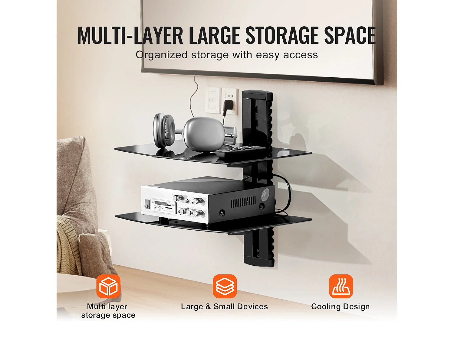 Étagères SucceBuy Flottantes en Verre à 2 Niveaux Supportant 8,2 kg Support Mural pour Téléviseur Noir