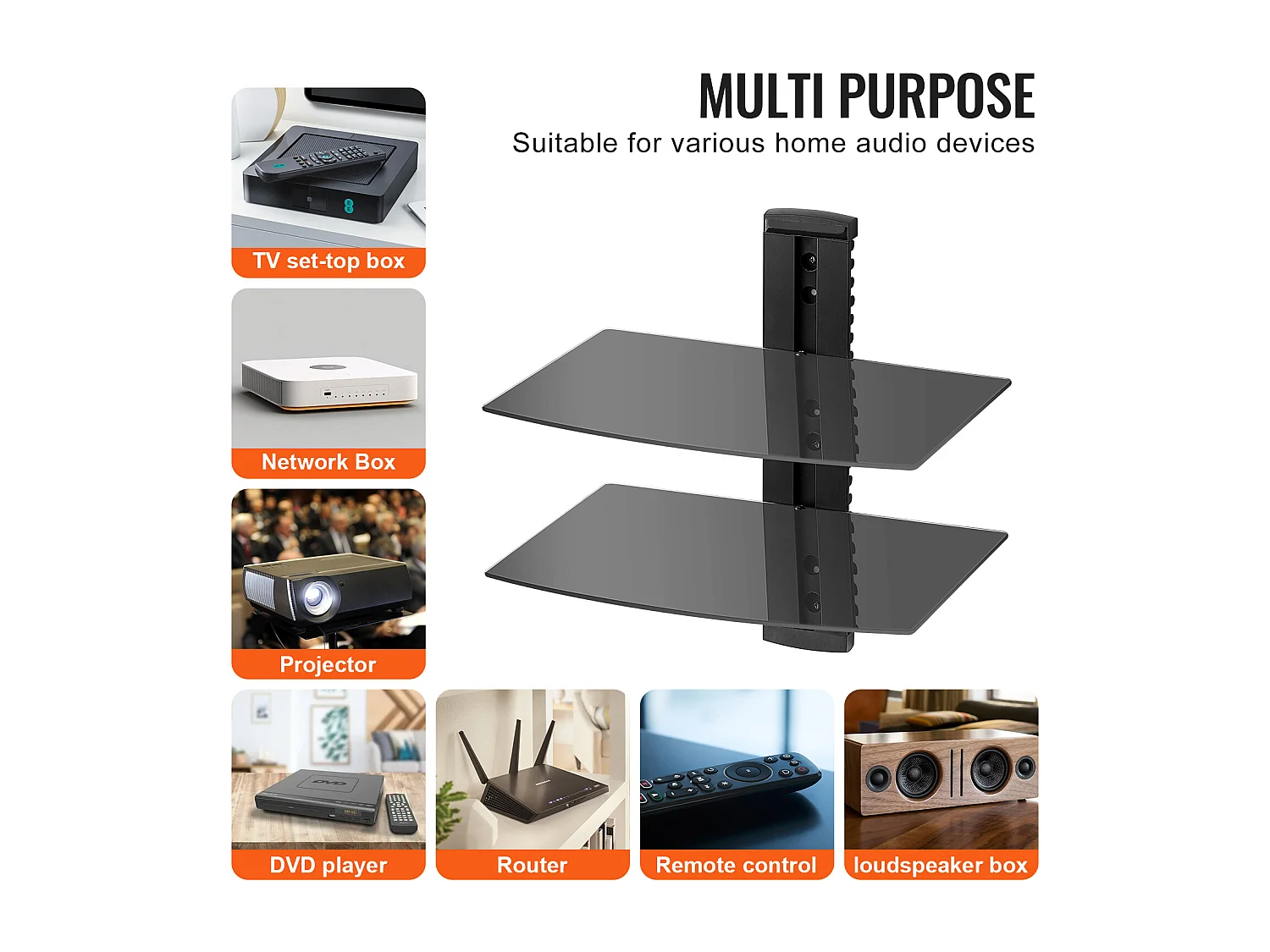 Étagères SucceBuy Flottantes en Verre à 2 Niveaux Supportant 8,2 kg Support Mural pour Téléviseur Noir