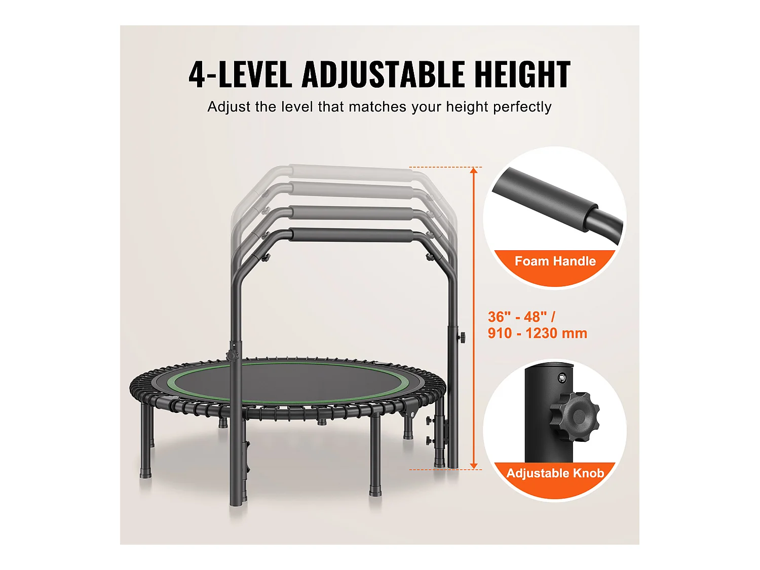 Trampoline de Fitness SucceBuy, 1290 mm, Charge de 205 kg, avec Poignée en Mousse RÉglable à 4 Niveaux