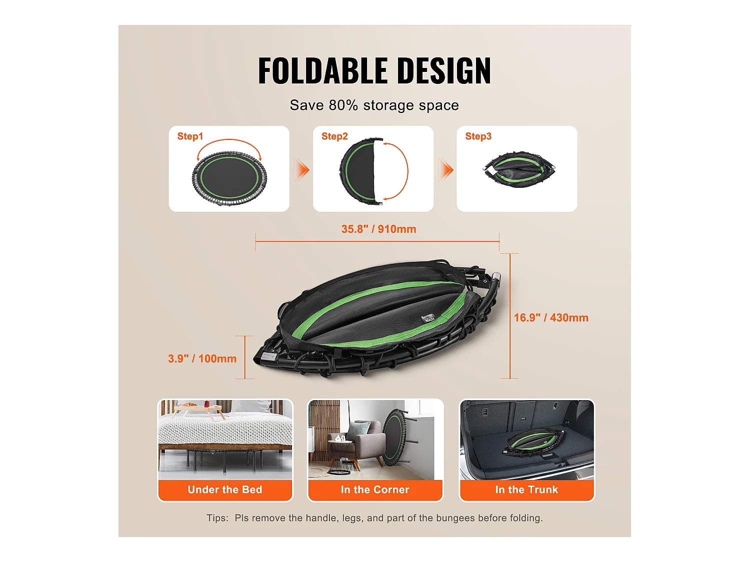 Trampoline de Fitness SucceBuy, 1290 mm, Charge de 205 kg, avec Poignée en Mousse RÉglable à 4 Niveaux