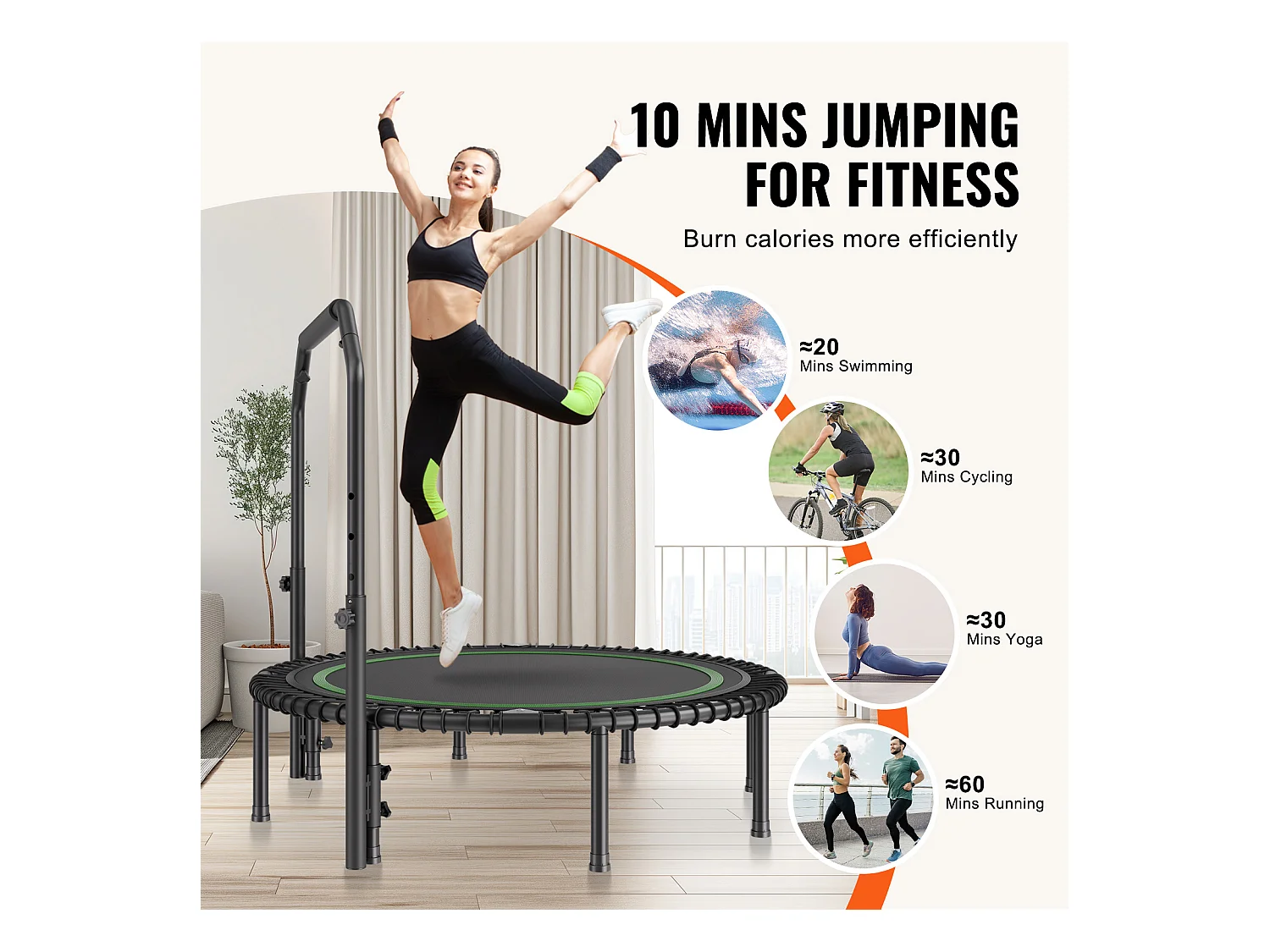 Trampoline de Fitness SucceBuy, 1290 mm, Charge de 205 kg, avec Poignée en Mousse RÉglable à 4 Niveaux