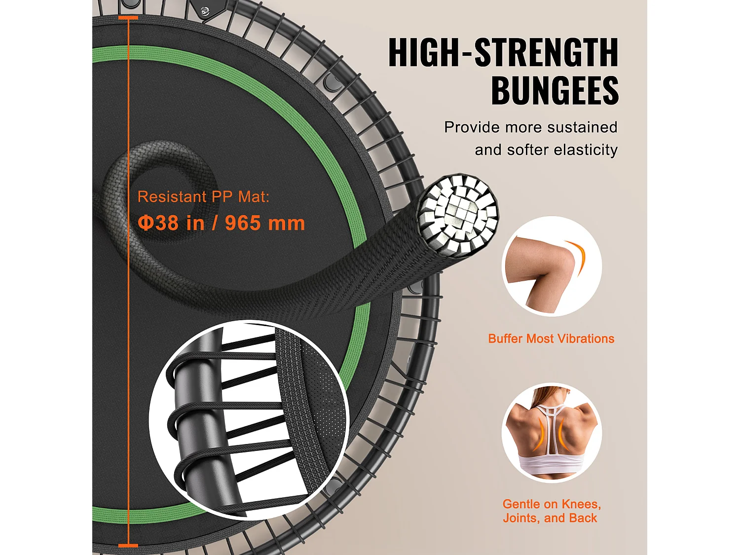 Trampoline de Fitness SucceBuy, 1290 mm, Charge de 205 kg, avec Poignée en Mousse RÉglable à 4 Niveaux