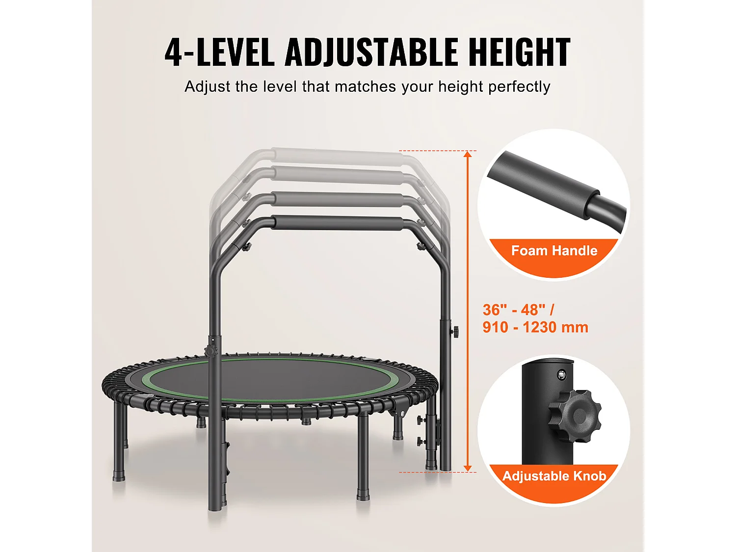 Trampoline de Fitness SucceBuy, 1290 mm, Charge de 205 kg, avec Poignée en Mousse RÉglable à 4 Niveaux