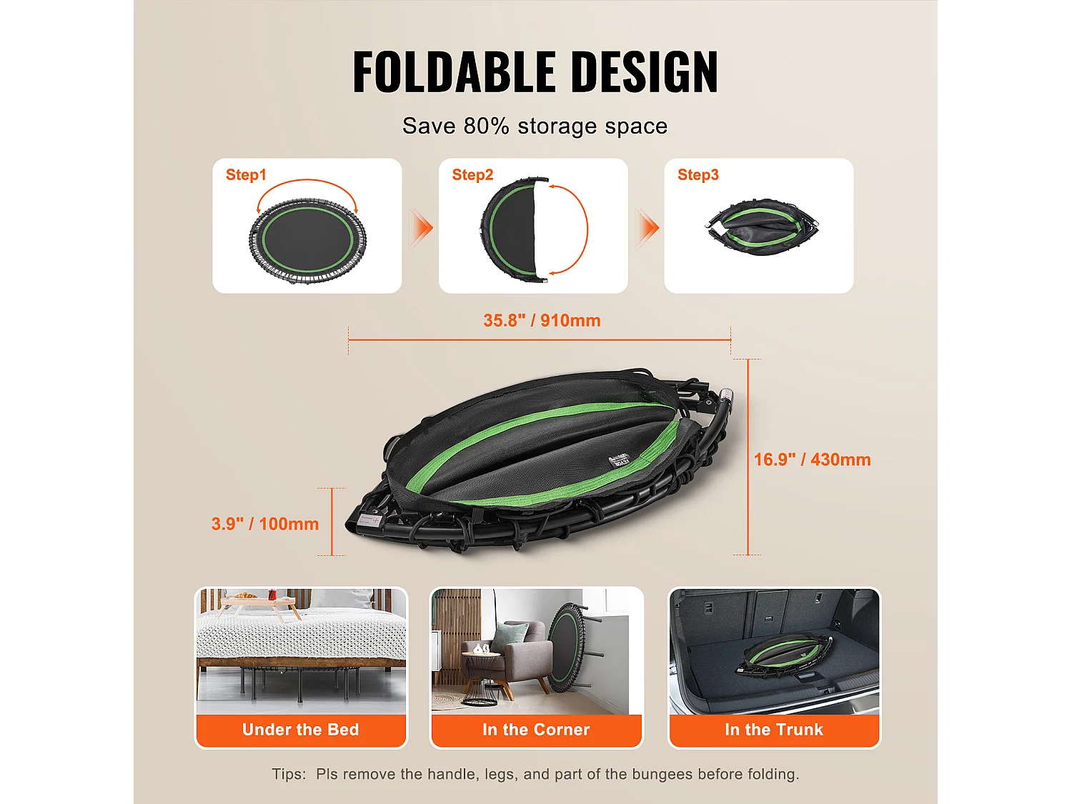 Trampoline de Fitness SucceBuy, 1290 mm, Charge de 205 kg, avec Poignée en Mousse RÉglable à 4 Niveaux