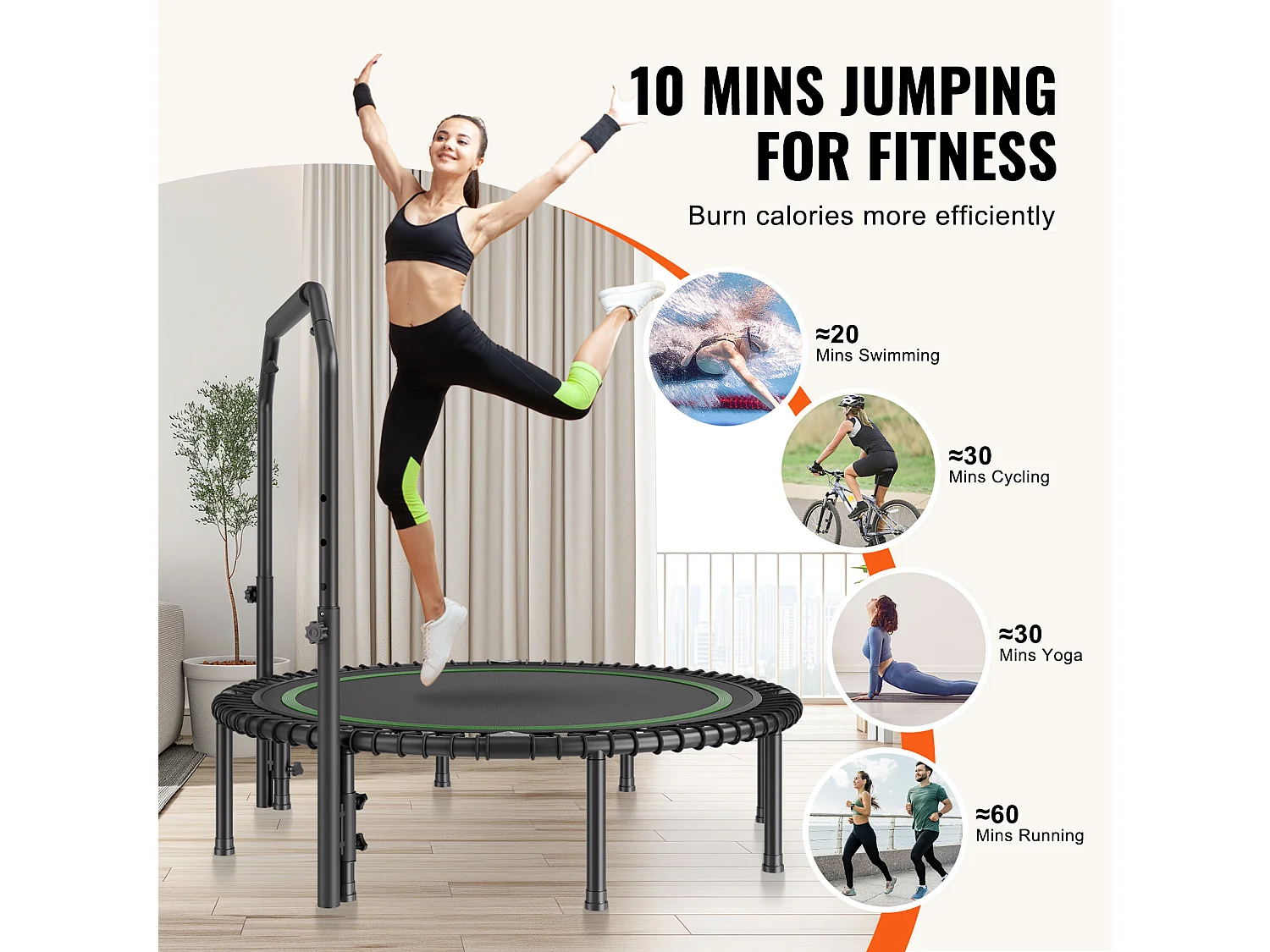Trampoline de Fitness SucceBuy, 1290 mm, Charge de 205 kg, avec Poignée en Mousse RÉglable à 4 Niveaux