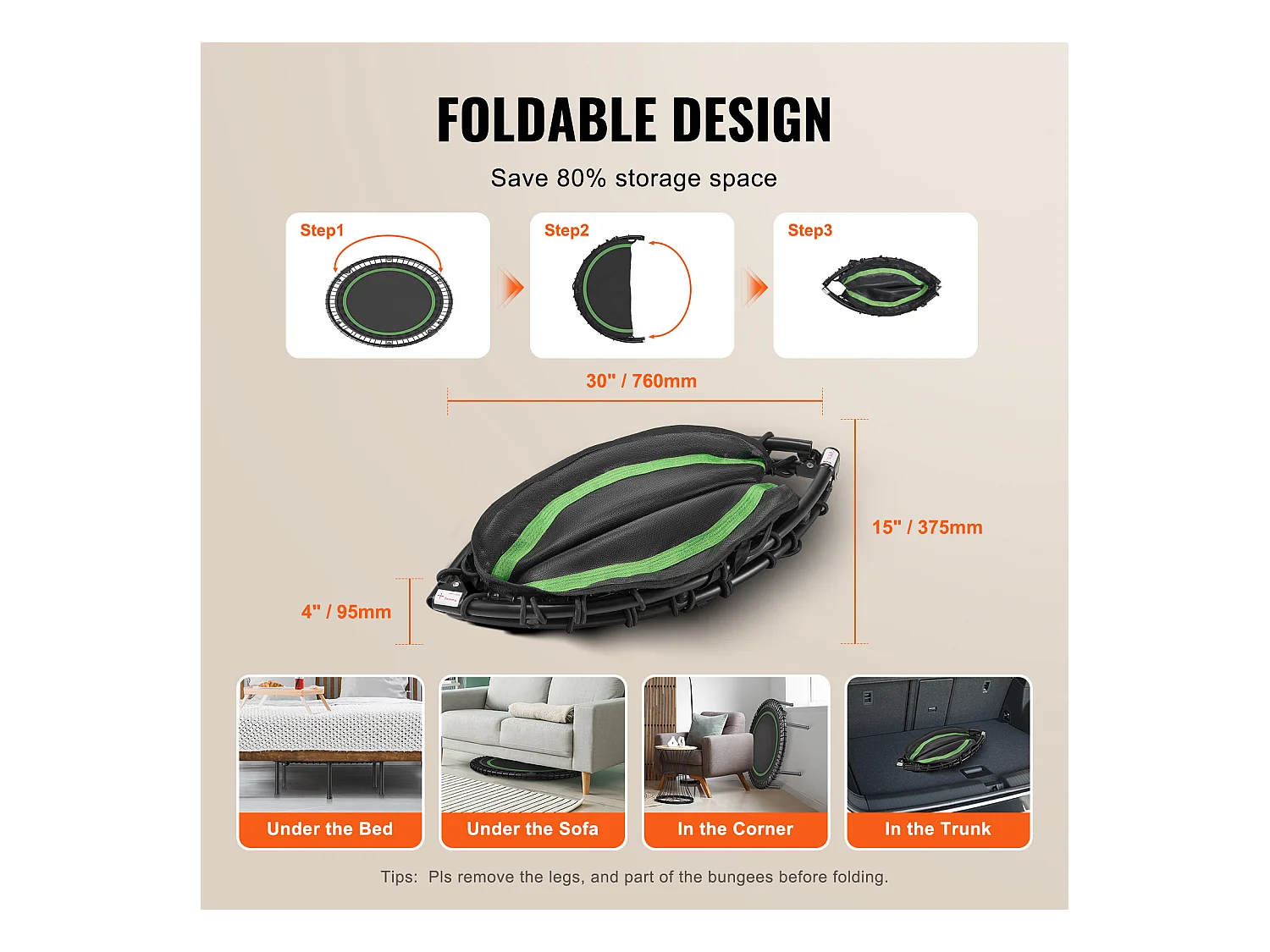 Trampoline de Fitness SucceBuy, Petit Trampoline d'Entraînement en Intérieur, 1027 mm, Charge de 150 kg