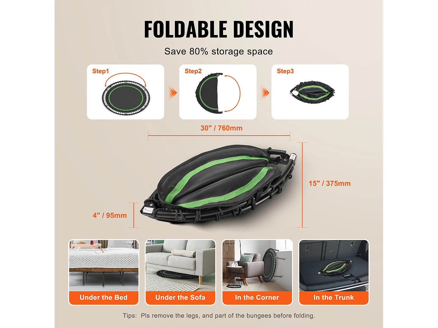 Trampoline de Fitness SucceBuy, Petit Trampoline d'Entraînement en Intérieur, 1027 mm, Charge de 150 kg