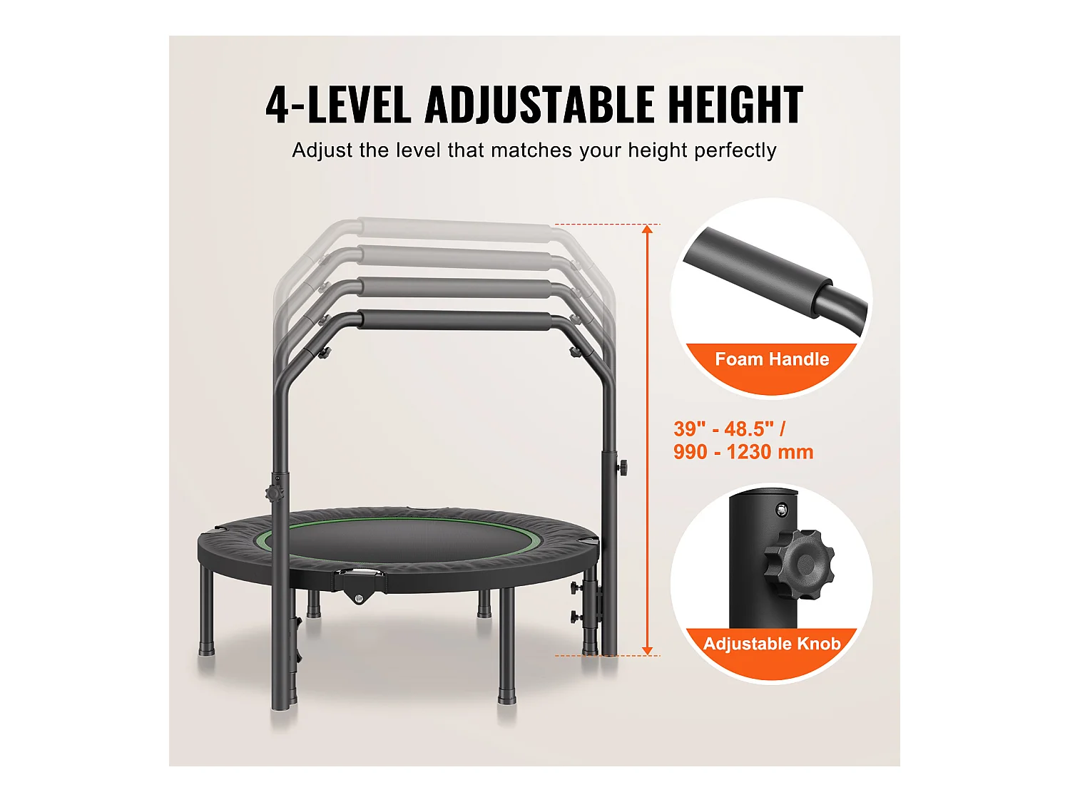 Trampoline de Fitness SucceBuy, 1027 mm, Charge de 150 kg, Poignée en Mousse RÉglable à 4 Niveaux