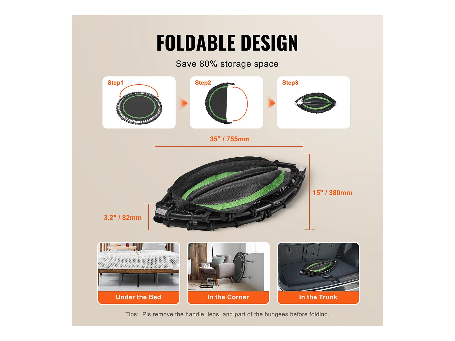 Trampoline de Fitness SucceBuy, Mini Trampoline Pliable avec Poignée, 1027 mm, Charge de 150 kg