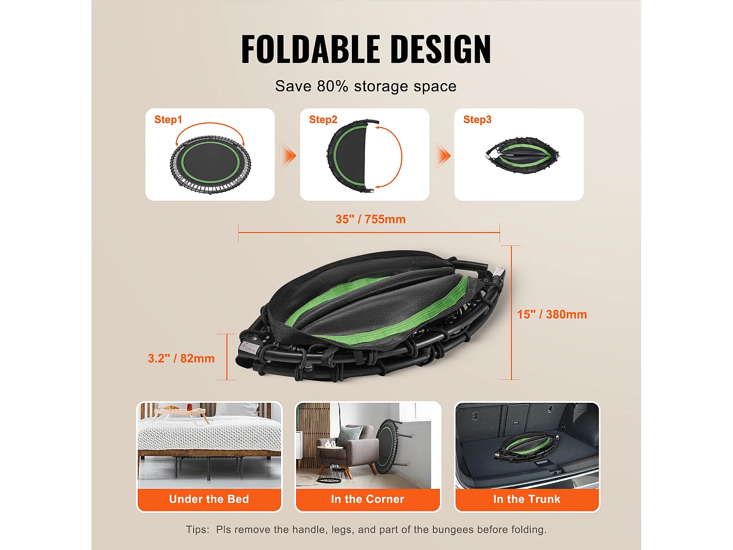 Trampoline de Fitness SucceBuy, Mini Trampoline Pliable avec Poignée, 1027 mm, Charge de 150 kg