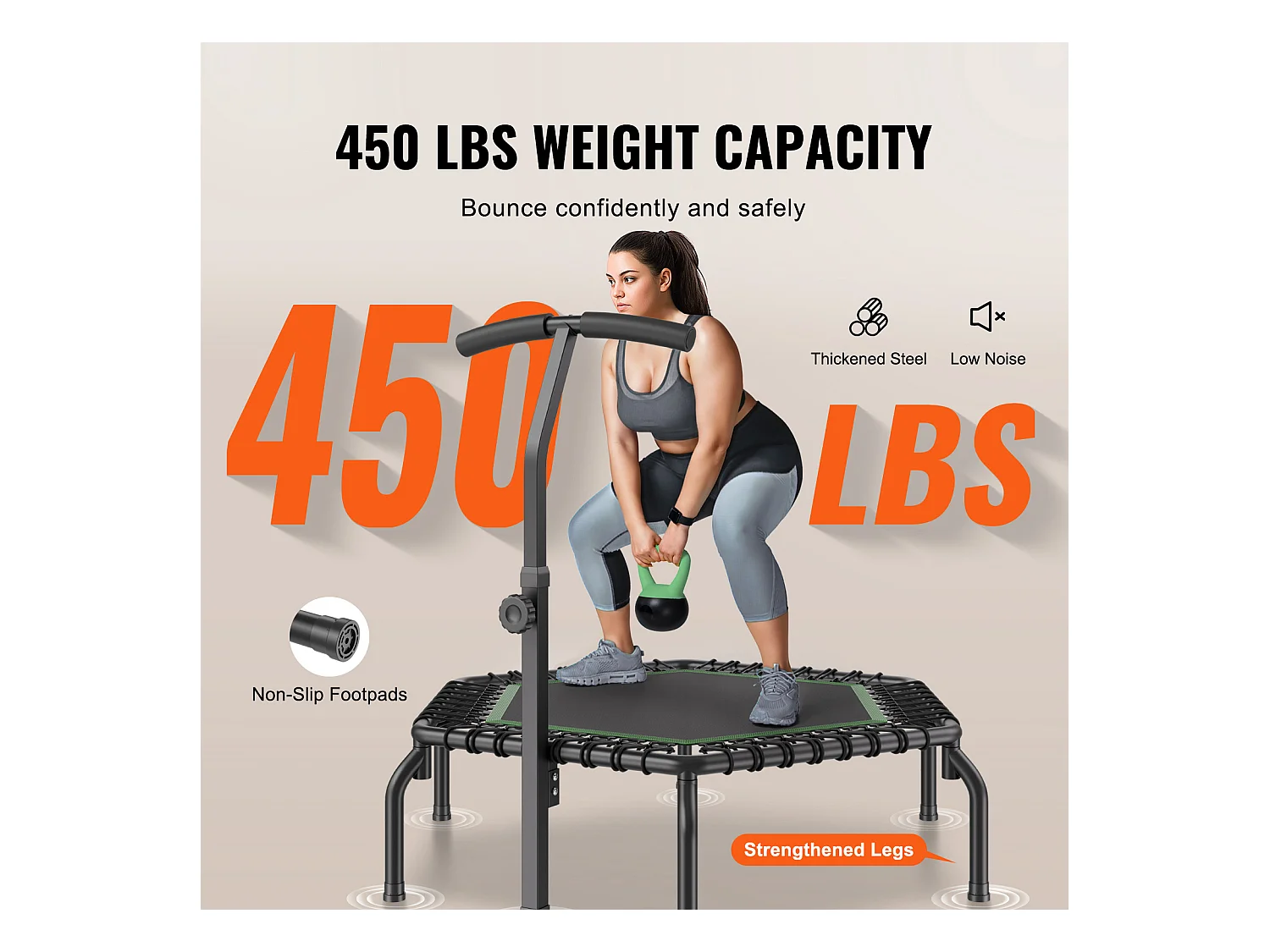 Trampoline de Fitness SucceBuy, Mini Trampoline, 1385 mm, Charge de 205 kg, Poignée RÉglable