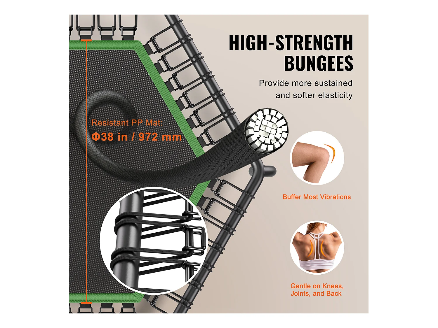 Trampoline de Fitness SucceBuy, Mini Trampoline, 1385 mm, Charge de 205 kg, Poignée RÉglable