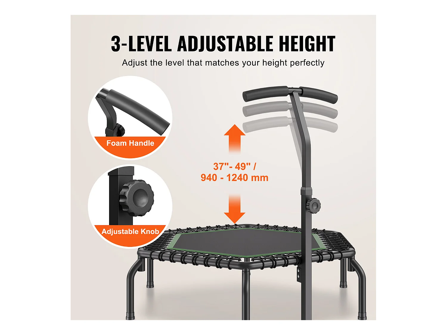 Trampoline de Fitness SucceBuy, Mini Trampoline, 1385 mm, Charge de 205 kg, Poignée RÉglable