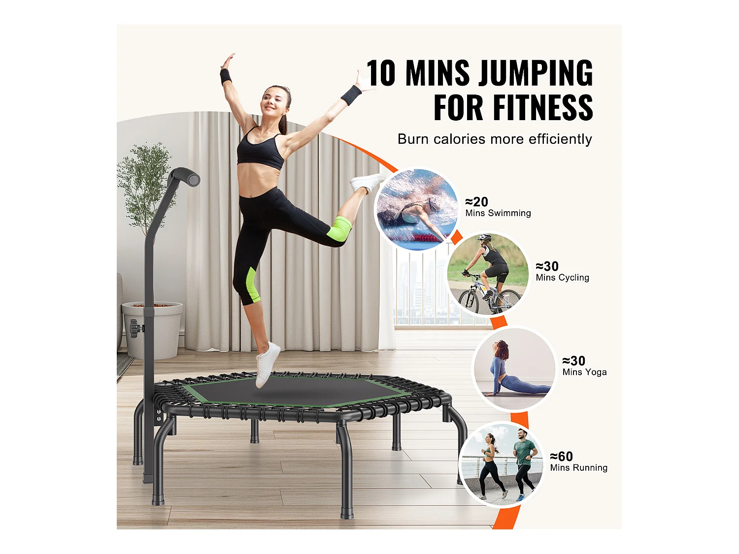 Trampoline de Fitness SucceBuy, Mini Trampoline, 1385 mm, Charge de 205 kg, Poignée RÉglable