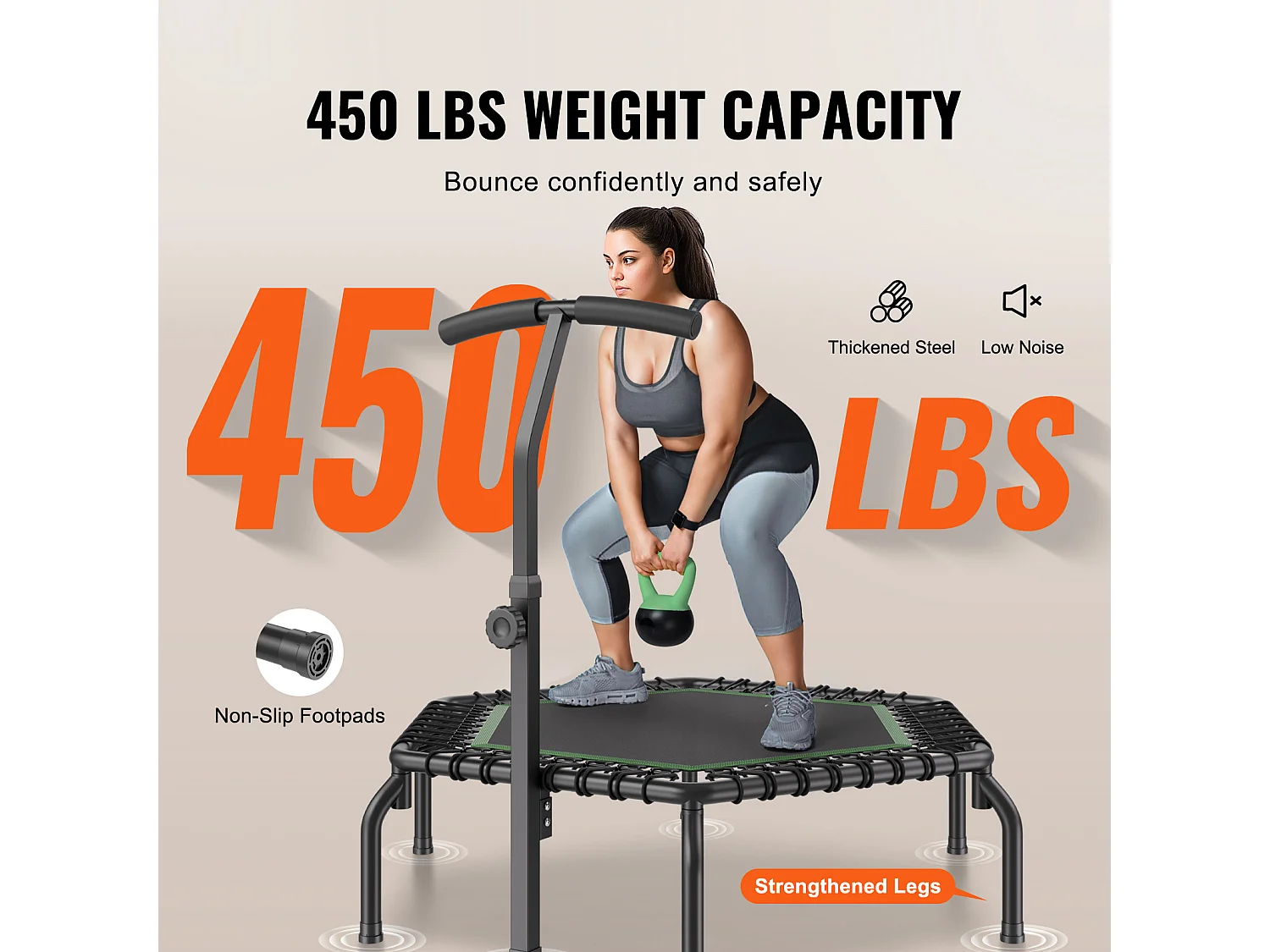 Trampoline de Fitness SucceBuy, Mini Trampoline, 1385 mm, Charge de 205 kg, Poignée RÉglable