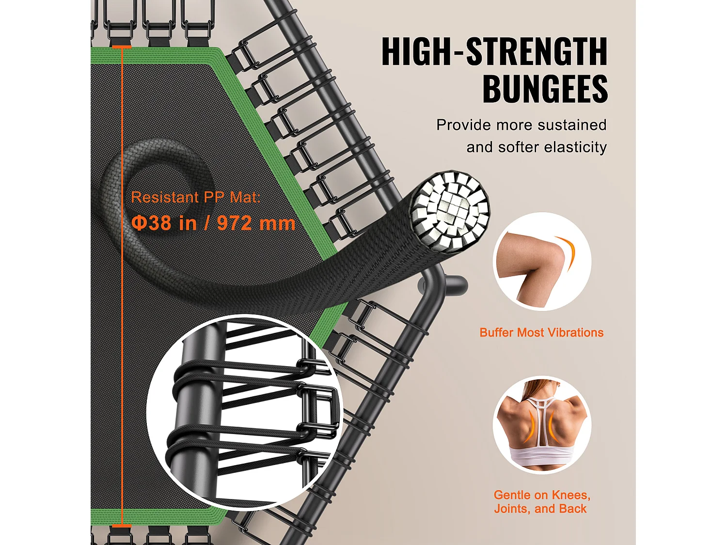 Trampoline de Fitness SucceBuy, Mini Trampoline, 1385 mm, Charge de 205 kg, Poignée RÉglable