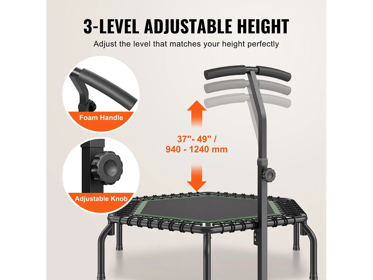 Trampoline de Fitness SucceBuy, Mini Trampoline, 1385 mm, Charge de 205 kg, Poignée RÉglable