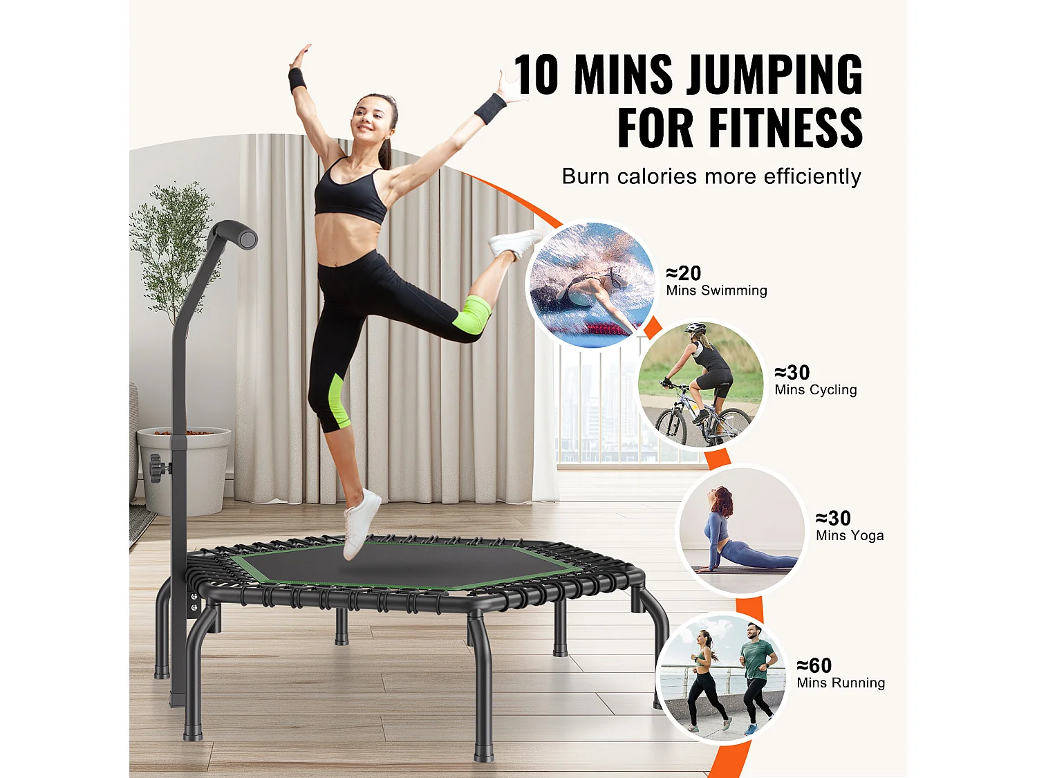 Trampoline de Fitness SucceBuy, Mini Trampoline, 1385 mm, Charge de 205 kg, Poignée RÉglable