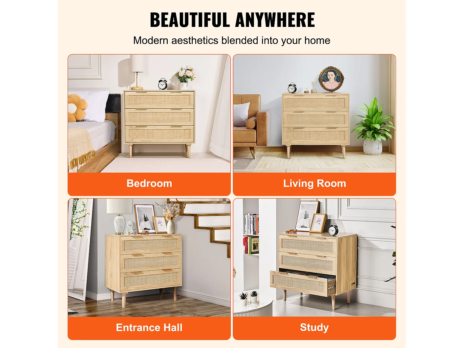 Commode en Rotin SucceBuy Commode en Rotin Naturel 3 Tiroirs pour Chambre à Coucher, Organisateur de Vêtements et Rangement en Bois Moderne