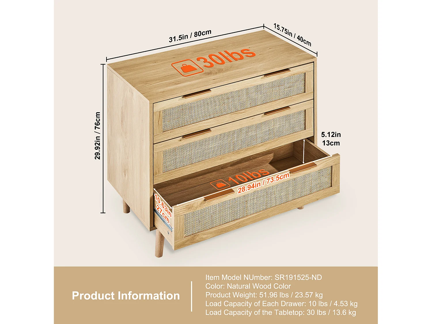 Commode en Rotin SucceBuy Commode en Rotin Naturel 3 Tiroirs pour Chambre à Coucher, Organisateur de Vêtements et Rangement en Bois Moderne