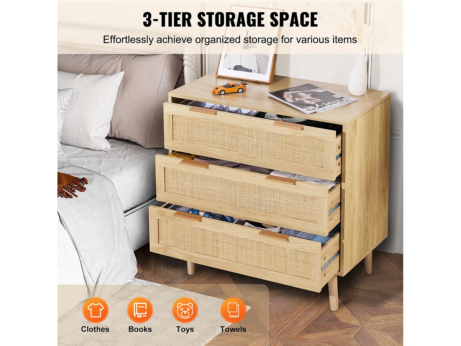 Commode en Rotin SucceBuy Commode en Rotin Naturel 3 Tiroirs pour Chambre à Coucher, Organisateur de Vêtements et Rangement en Bois Moderne