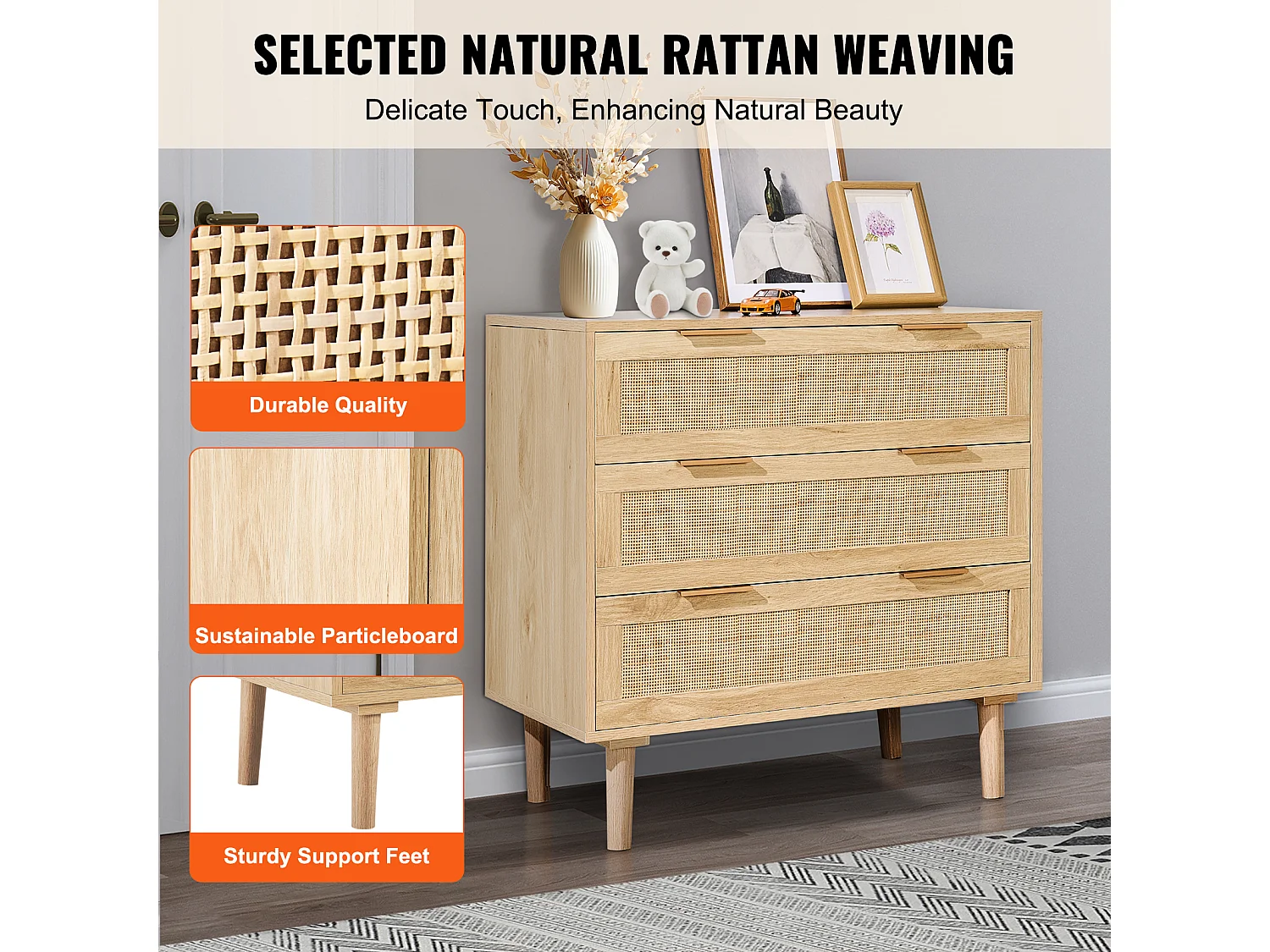 Commode en Rotin SucceBuy Commode en Rotin Naturel 3 Tiroirs pour Chambre à Coucher, Organisateur de Vêtements et Rangement en Bois Moderne