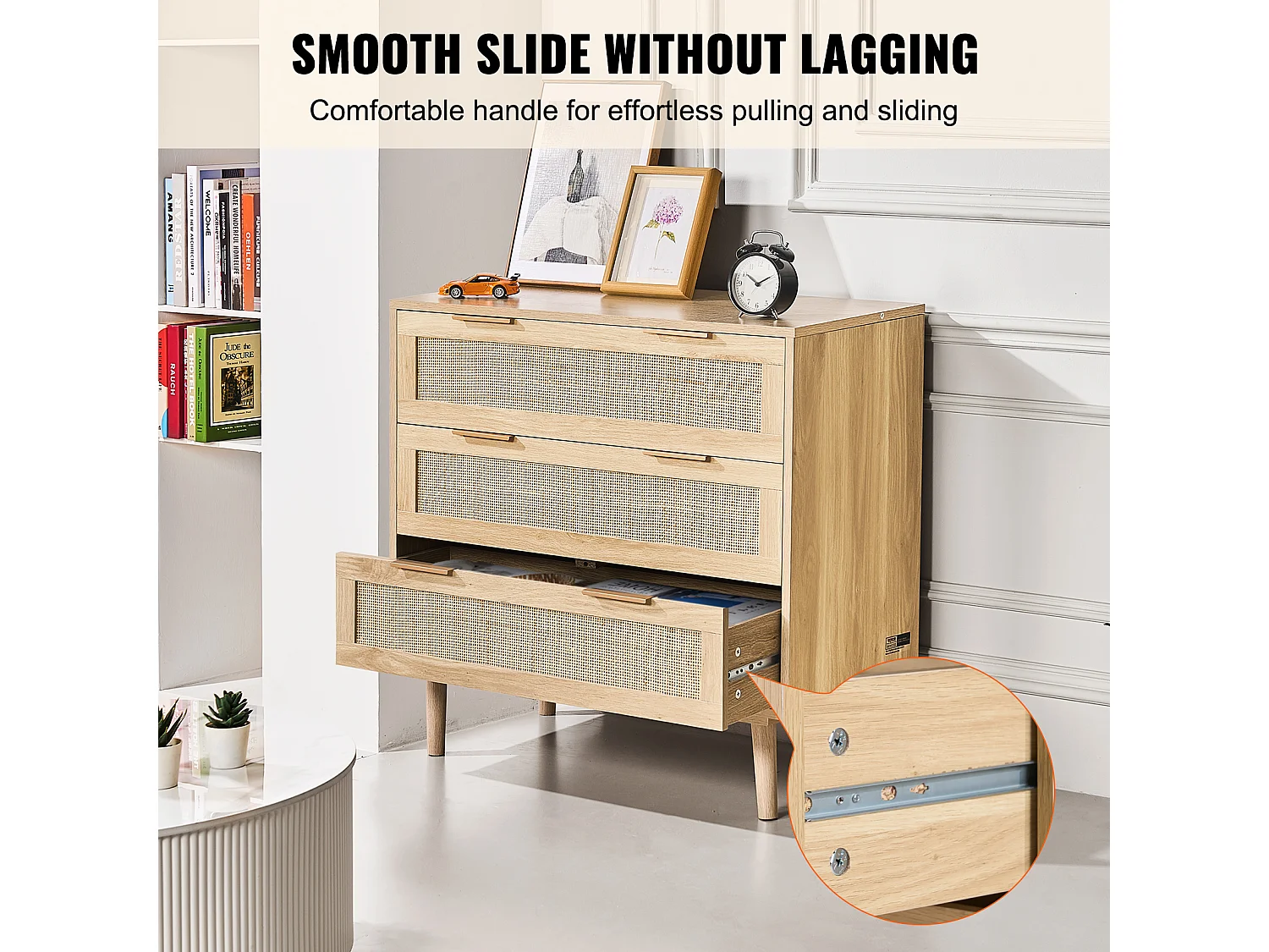 Commode en Rotin SucceBuy Commode en Rotin Naturel 3 Tiroirs pour Chambre à Coucher, Organisateur de Vêtements et Rangement en Bois Moderne