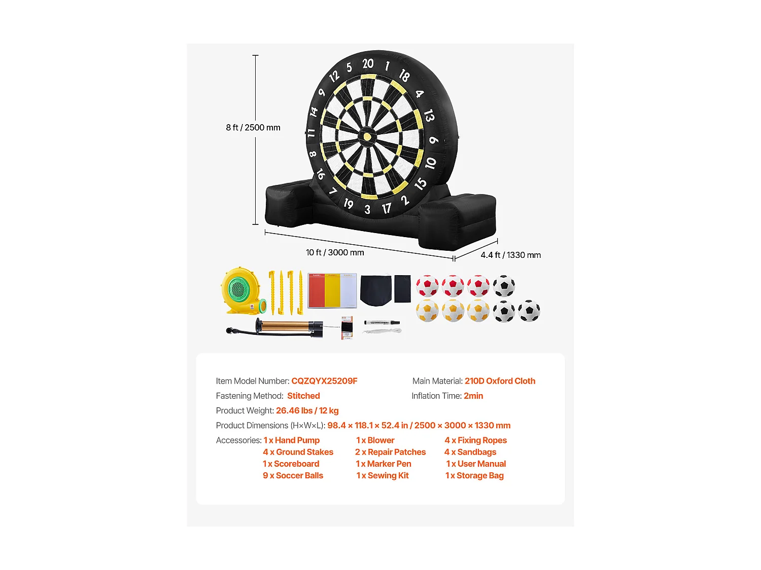 Cible de Football Gonflable SucceBuy, 2500 mm, 9 Ballons et Pompe à Air