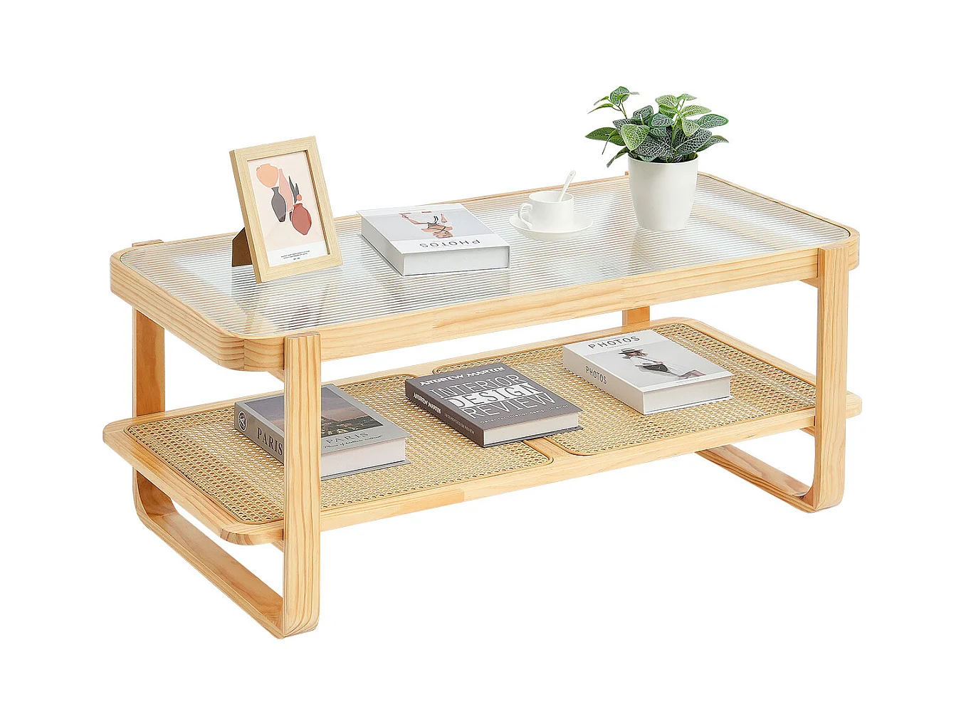 Table Basse SucceBuy en Rotin Design Rectangulaire à 2 Niveaux, Moderne et Fonctionnelle, Pieds en Bois Naturel pour Salon, Chambre et Petits Espaces