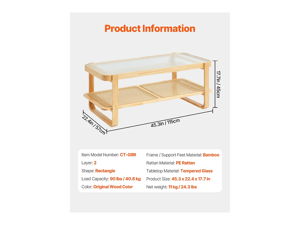 Table Basse SucceBuy en Rotin Design Rectangulaire à 2 Niveaux, Moderne et Fonctionnelle, Pieds en Bois Naturel pour Salon, Chambre et Petits Espaces