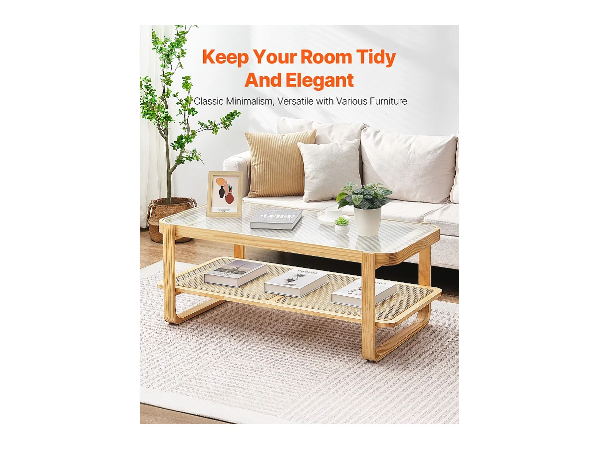 Table Basse SucceBuy en Rotin Design Rectangulaire à 2 Niveaux, Moderne et Fonctionnelle, Pieds en Bois Naturel pour Salon, Chambre et Petits Espaces
