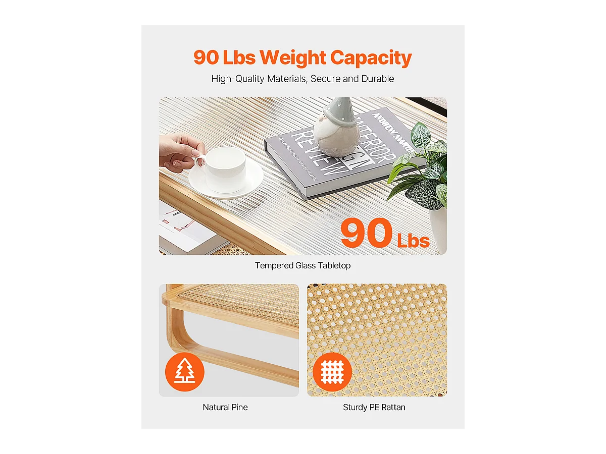 Table Basse SucceBuy en Rotin Design Rectangulaire à 2 Niveaux, Moderne et Fonctionnelle, Pieds en Bois Naturel pour Salon, Chambre et Petits Espaces