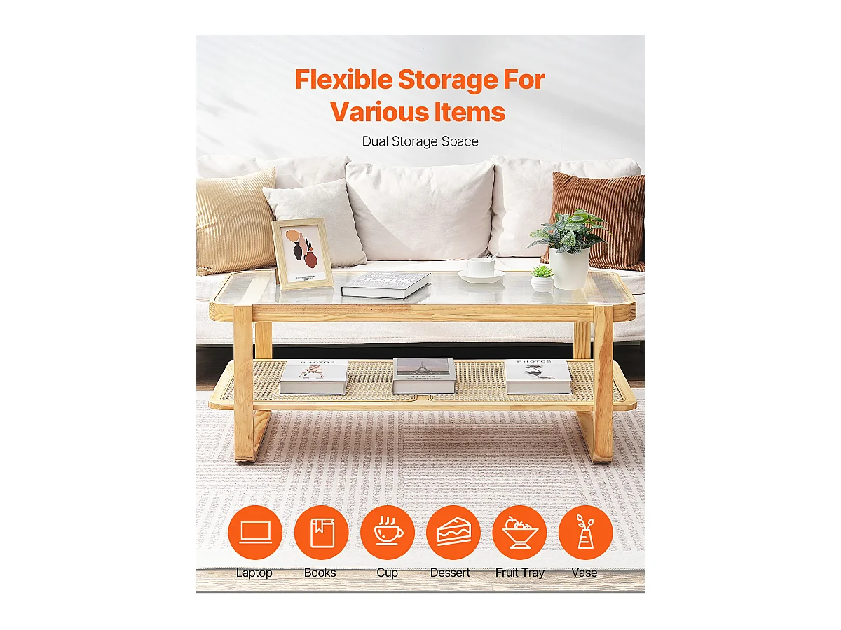 Table Basse SucceBuy en Rotin Design Rectangulaire à 2 Niveaux, Moderne et Fonctionnelle, Pieds en Bois Naturel pour Salon, Chambre et Petits Espaces