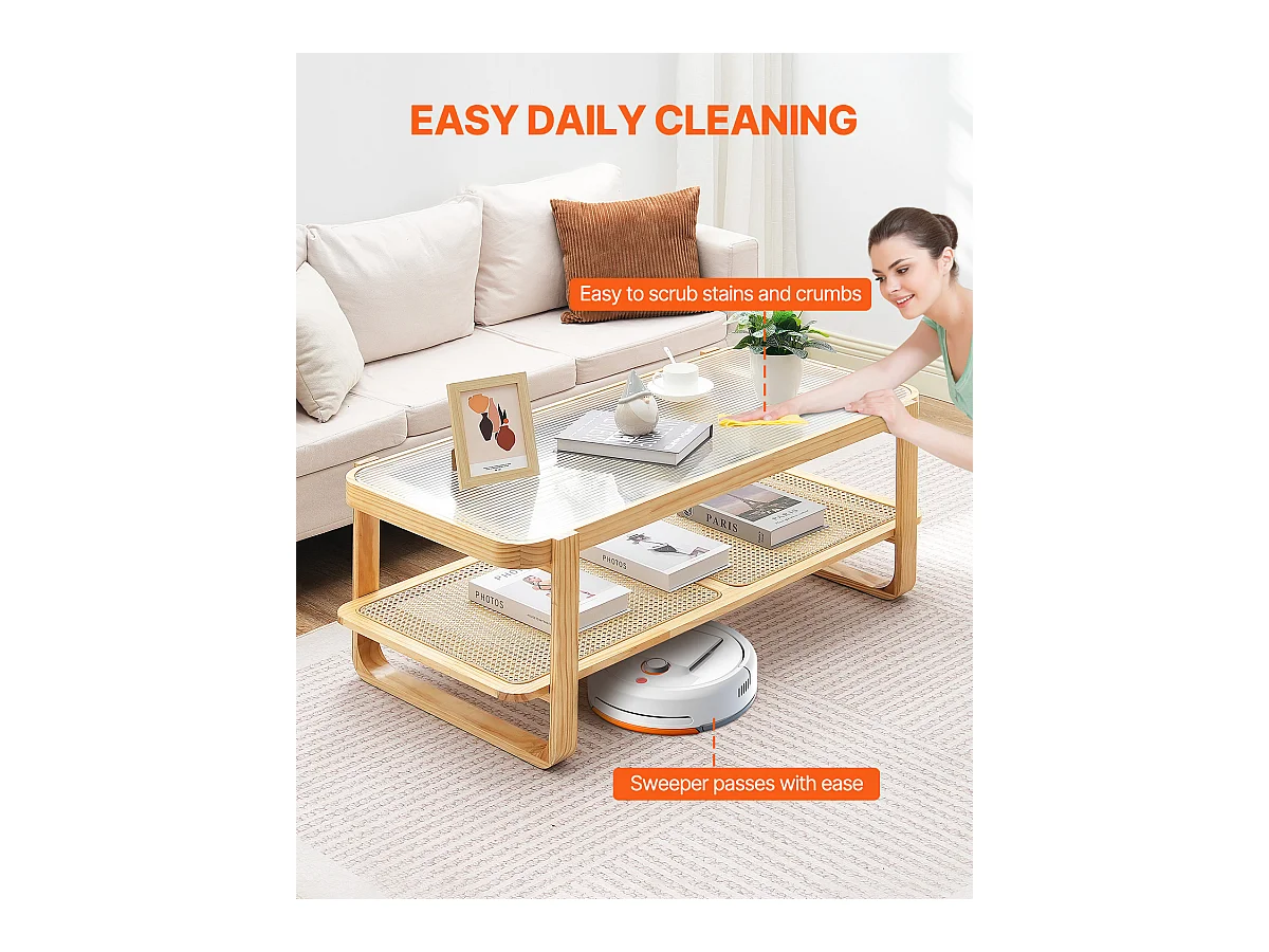Table Basse SucceBuy en Rotin Design Rectangulaire à 2 Niveaux, Moderne et Fonctionnelle, Pieds en Bois Naturel pour Salon, Chambre et Petits Espaces