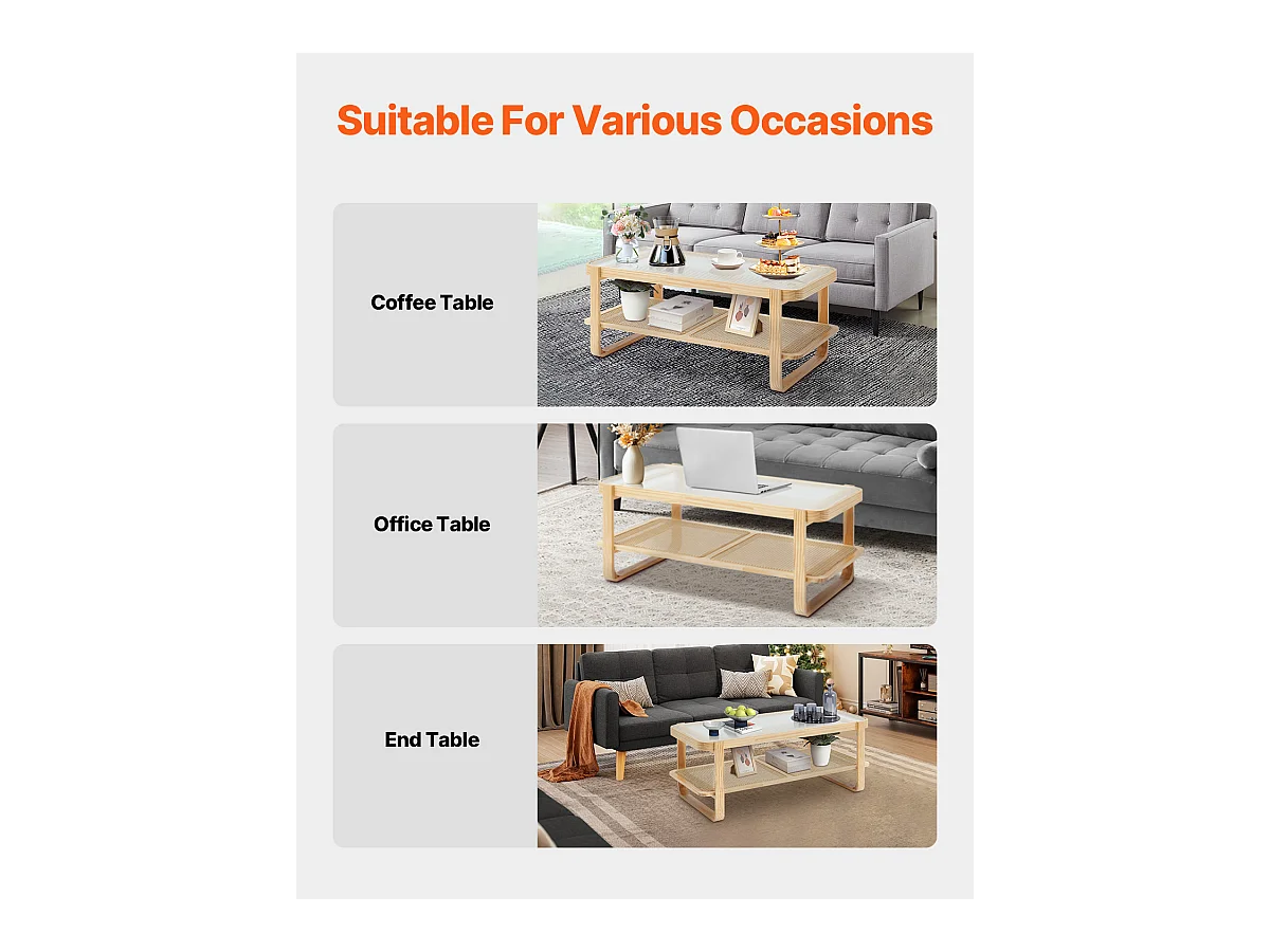 Table Basse SucceBuy en Rotin Design Rectangulaire à 2 Niveaux, Moderne et Fonctionnelle, Pieds en Bois Naturel pour Salon, Chambre et Petits Espaces
