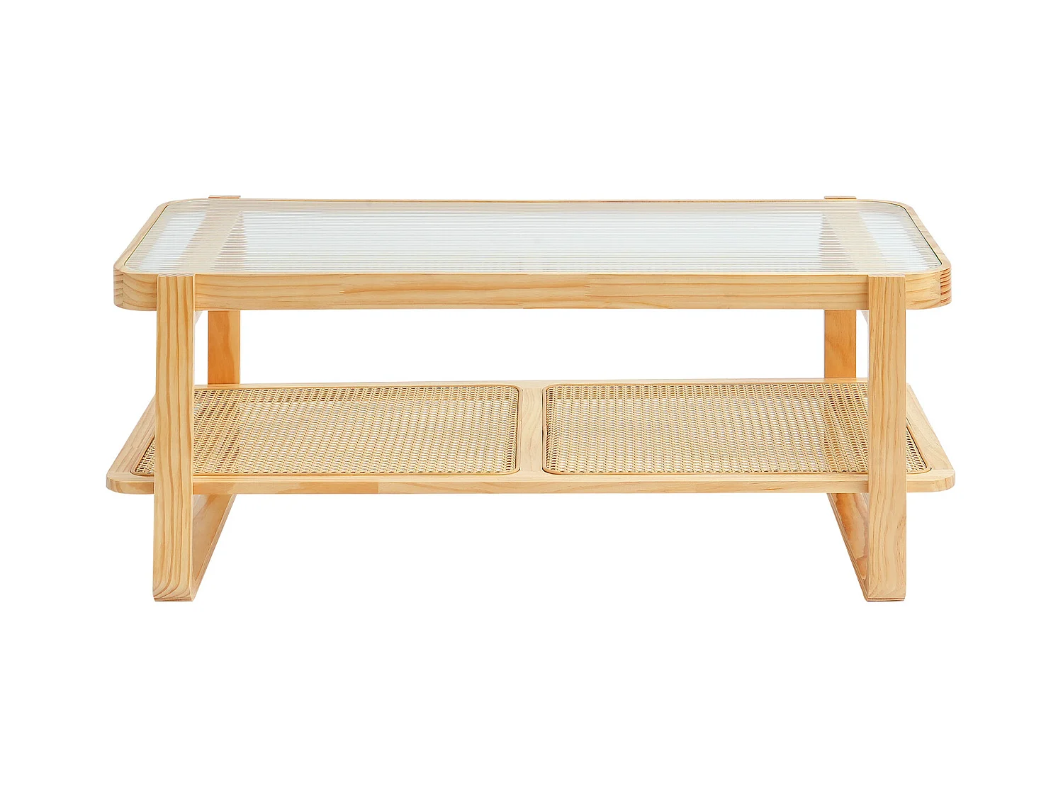 Table Basse SucceBuy en Rotin Design Rectangulaire à 2 Niveaux, Moderne et Fonctionnelle, Pieds en Bois Naturel pour Salon, Chambre et Petits Espaces