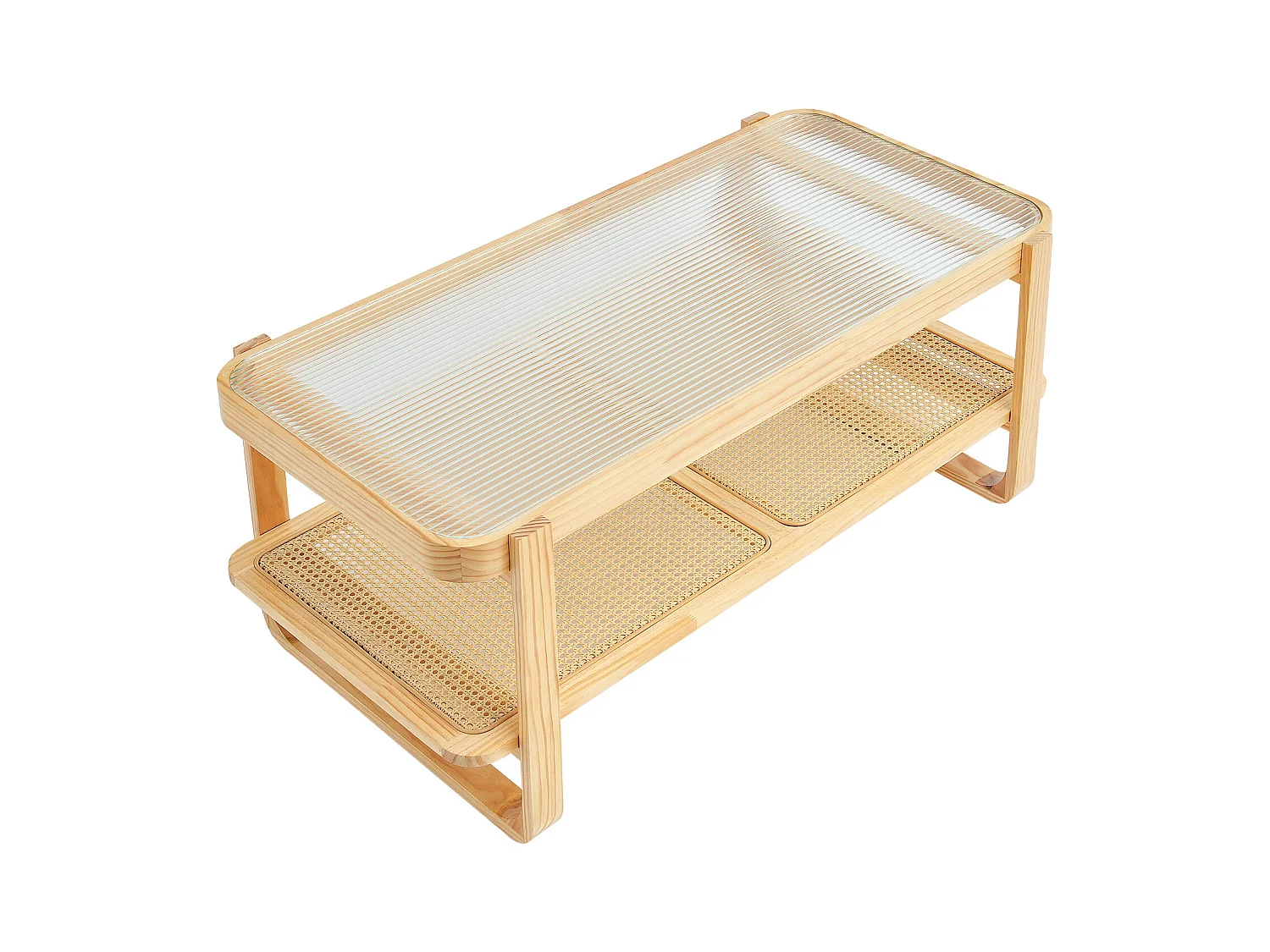 Table Basse SucceBuy en Rotin Design Rectangulaire à 2 Niveaux, Moderne et Fonctionnelle, Pieds en Bois Naturel pour Salon, Chambre et Petits Espaces