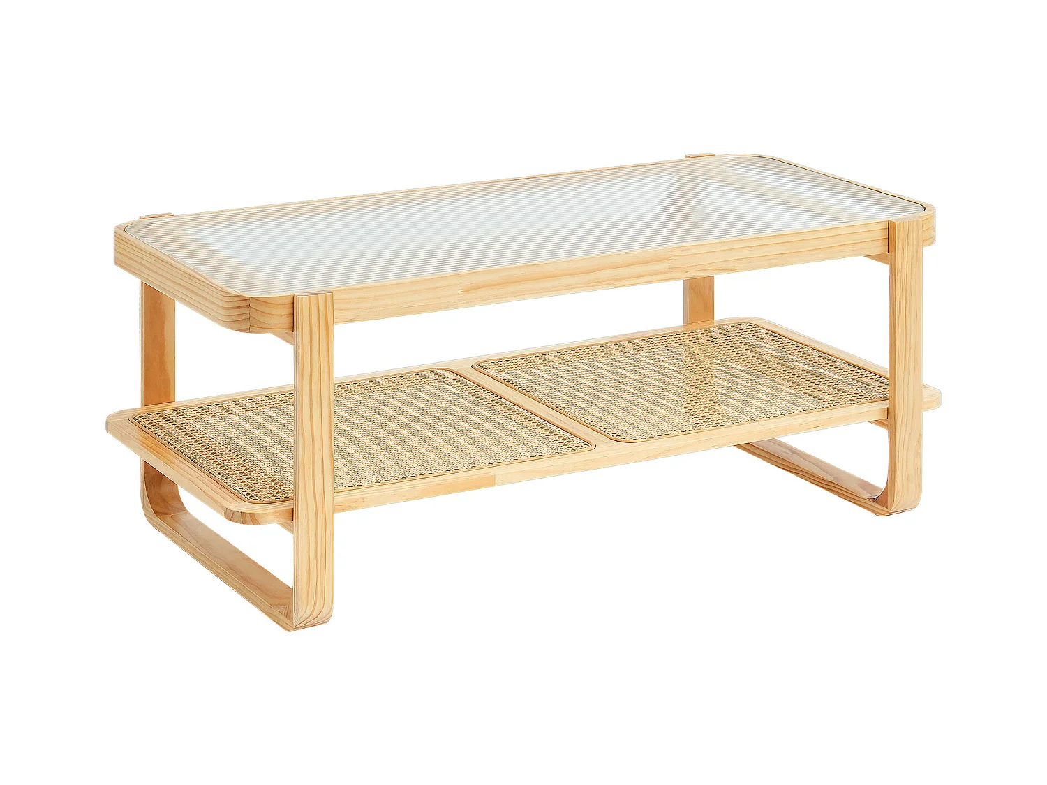 Table Basse SucceBuy en Rotin Design Rectangulaire à 2 Niveaux, Moderne et Fonctionnelle, Pieds en Bois Naturel pour Salon, Chambre et Petits Espaces