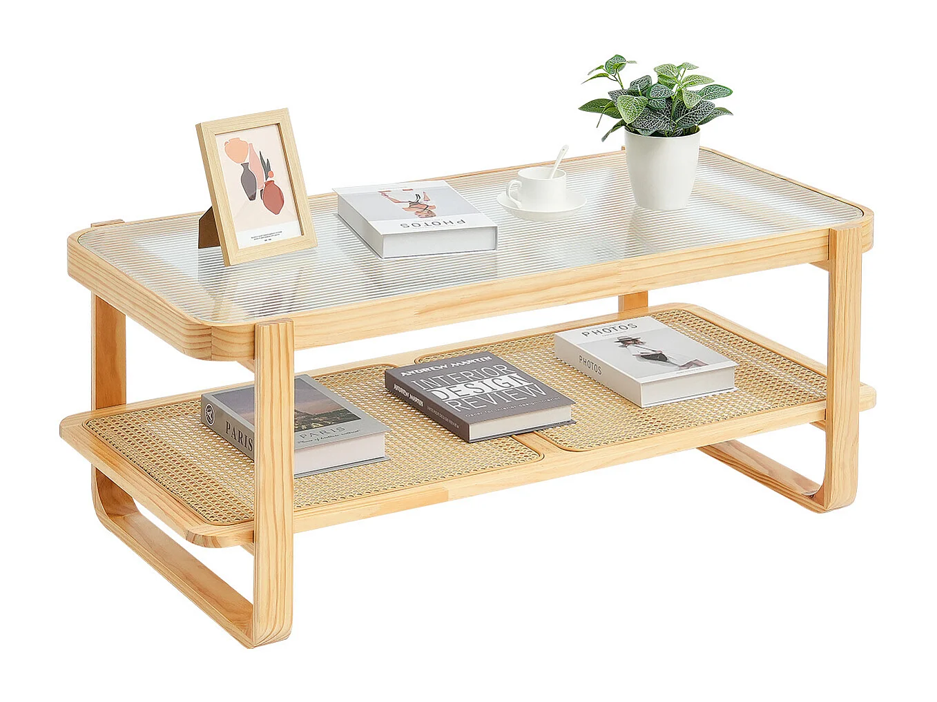 Table Basse SucceBuy en Rotin Design Rectangulaire à 2 Niveaux, Moderne et Fonctionnelle, Pieds en Bois Naturel pour Salon, Chambre et Petits Espaces