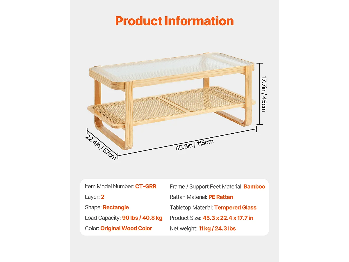 Table Basse SucceBuy en Rotin Design Rectangulaire à 2 Niveaux, Moderne et Fonctionnelle, Pieds en Bois Naturel pour Salon, Chambre et Petits Espaces