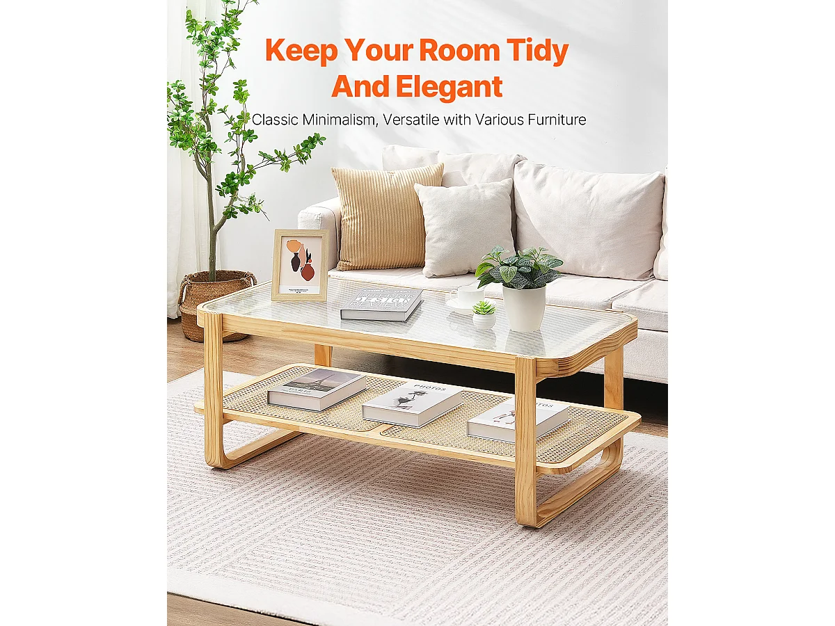 Table Basse SucceBuy en Rotin Design Rectangulaire à 2 Niveaux, Moderne et Fonctionnelle, Pieds en Bois Naturel pour Salon, Chambre et Petits Espaces