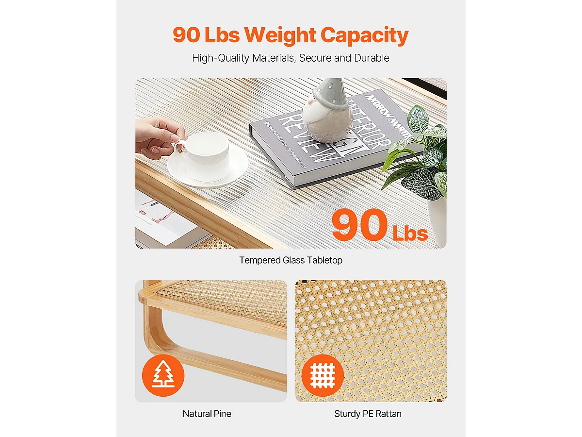 Table Basse SucceBuy en Rotin Design Rectangulaire à 2 Niveaux, Moderne et Fonctionnelle, Pieds en Bois Naturel pour Salon, Chambre et Petits Espaces