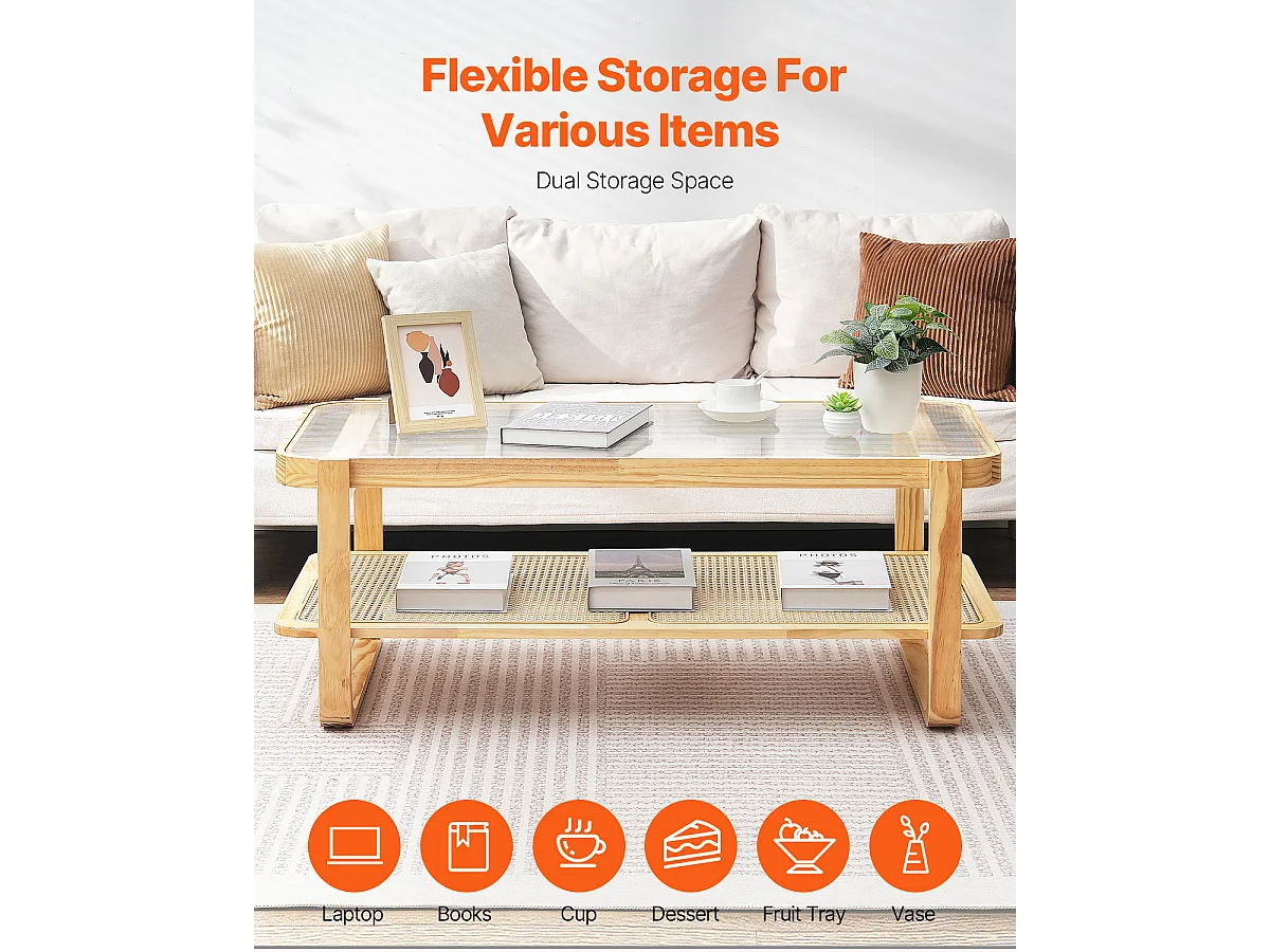 Table Basse SucceBuy en Rotin Design Rectangulaire à 2 Niveaux, Moderne et Fonctionnelle, Pieds en Bois Naturel pour Salon, Chambre et Petits Espaces