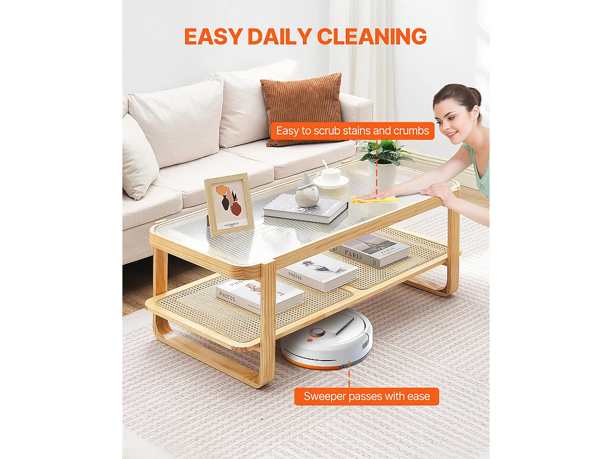 Table Basse SucceBuy en Rotin Design Rectangulaire à 2 Niveaux, Moderne et Fonctionnelle, Pieds en Bois Naturel pour Salon, Chambre et Petits Espaces