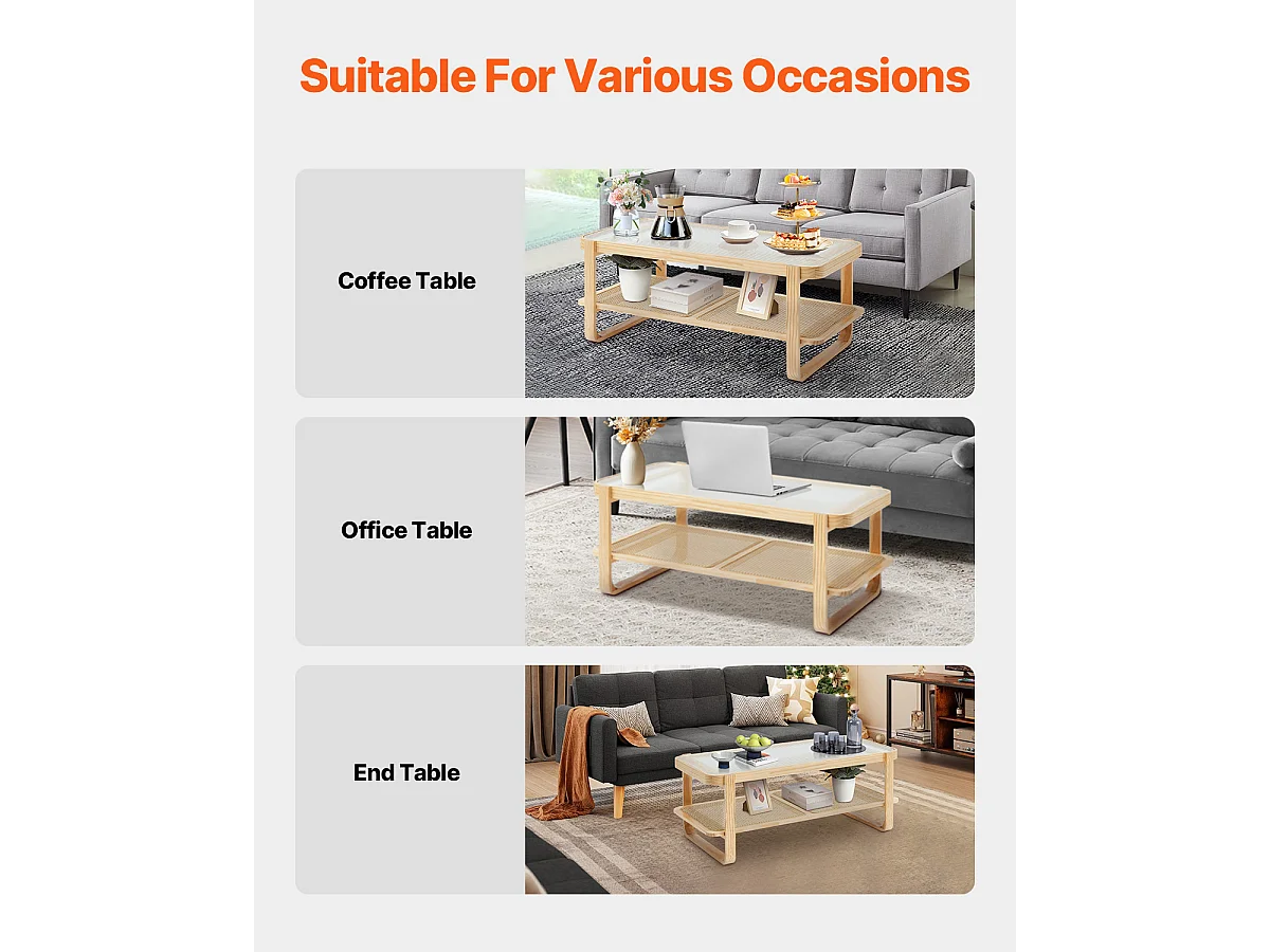 Table Basse SucceBuy en Rotin Design Rectangulaire à 2 Niveaux, Moderne et Fonctionnelle, Pieds en Bois Naturel pour Salon, Chambre et Petits Espaces