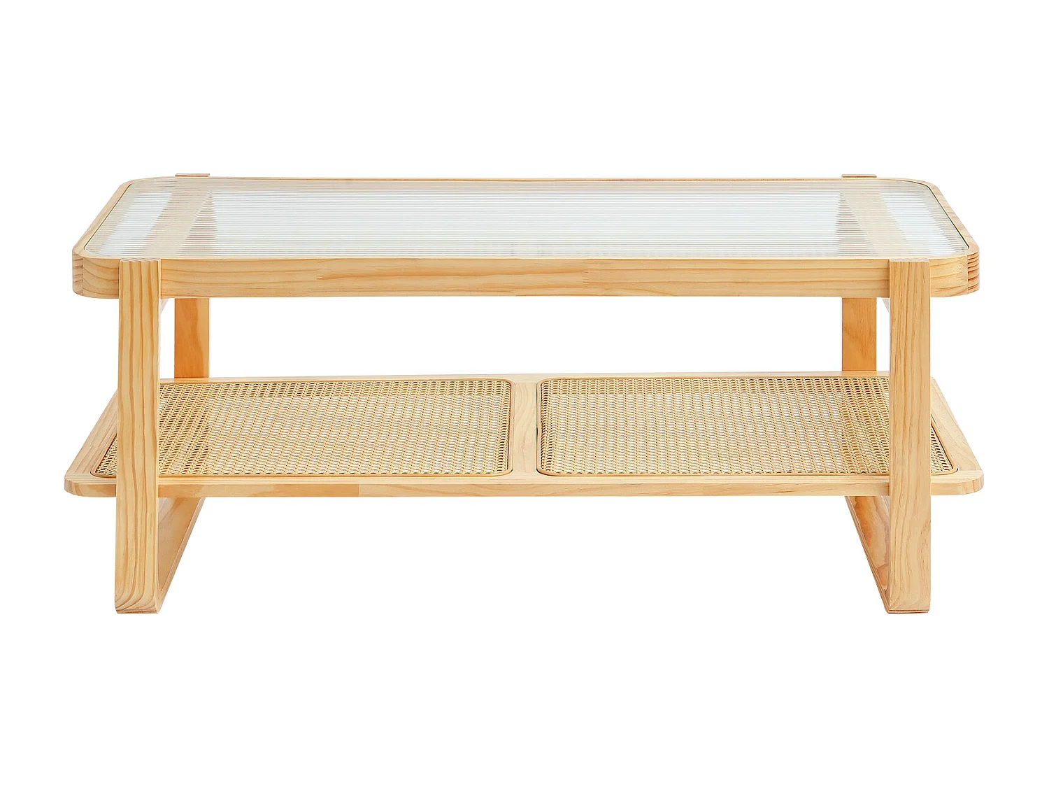 Table Basse SucceBuy en Rotin Design Rectangulaire à 2 Niveaux, Moderne et Fonctionnelle, Pieds en Bois Naturel pour Salon, Chambre et Petits Espaces