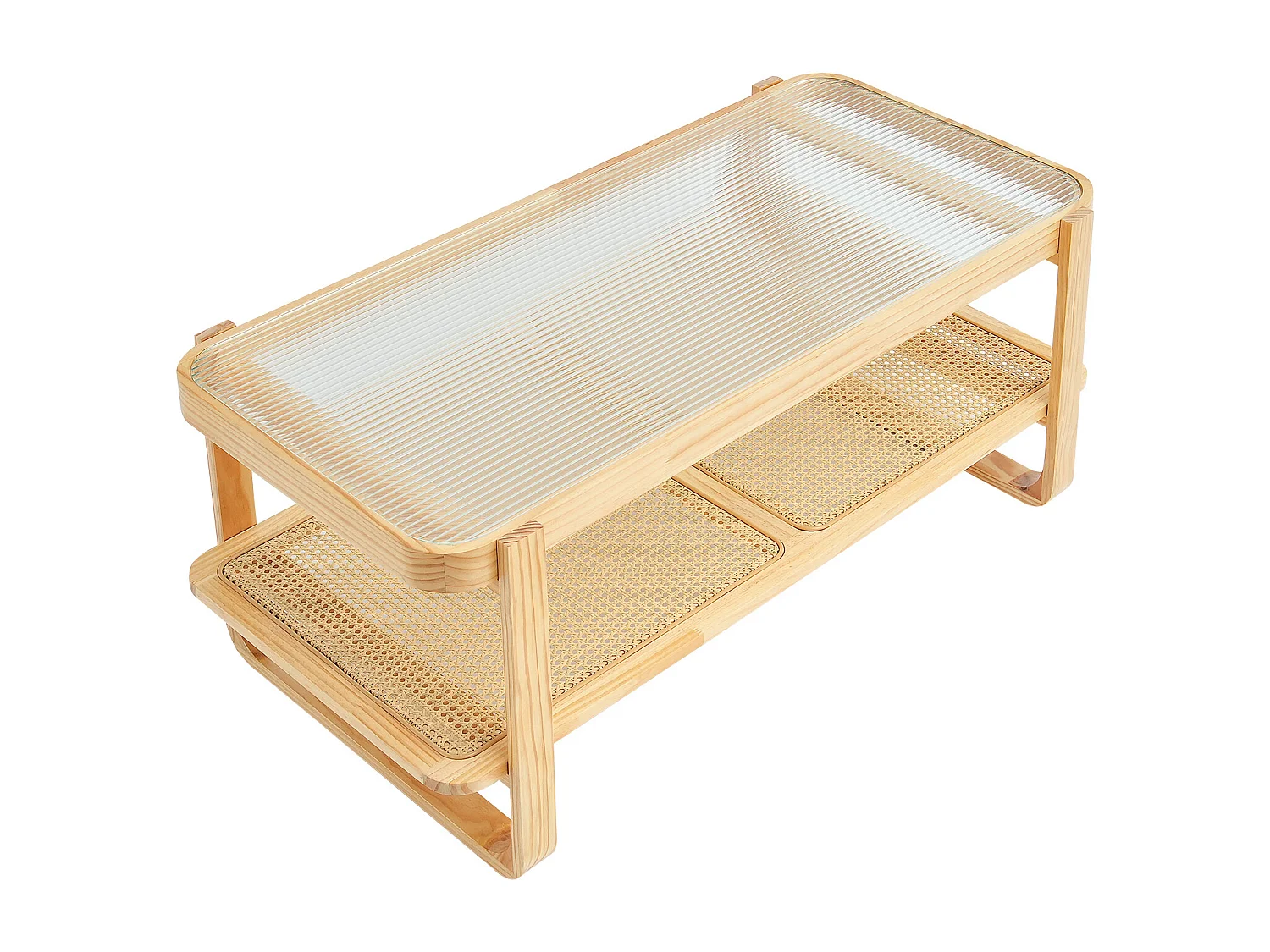 Table Basse SucceBuy en Rotin Design Rectangulaire à 2 Niveaux, Moderne et Fonctionnelle, Pieds en Bois Naturel pour Salon, Chambre et Petits Espaces