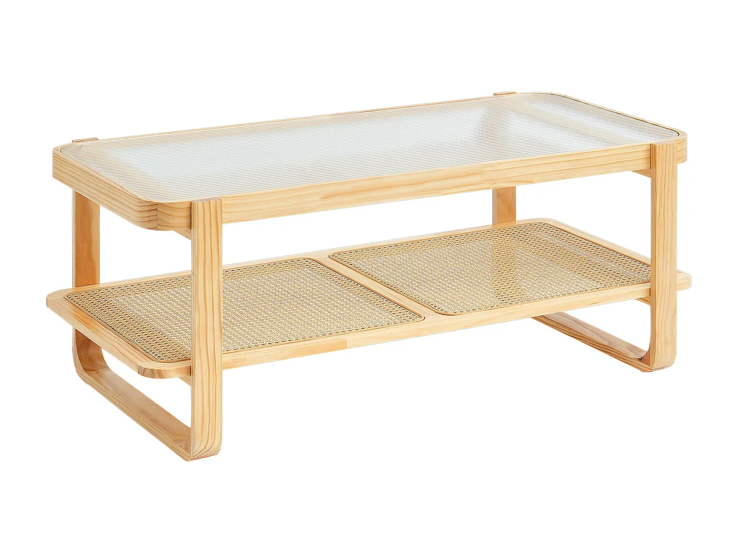 Table Basse SucceBuy en Rotin Design Rectangulaire à 2 Niveaux, Moderne et Fonctionnelle, Pieds en Bois Naturel pour Salon, Chambre et Petits Espaces